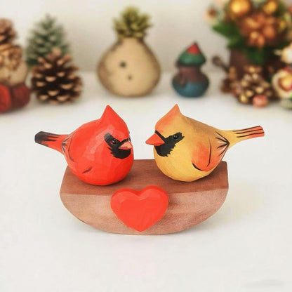 Xiyuelily Handmade Wooden Cardinal Figurines on Heart Base - Set of 3 Hand-Carved Male & Female Red Bird Statues - Romantic Couples Gift for Anniversary, Valentine's Day, Wedding & Home Decor Accents