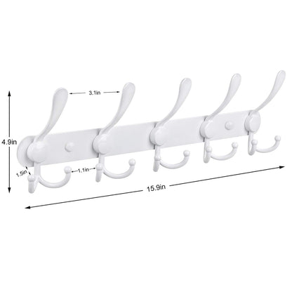 PHINGEER Coat Rack Wall Mount, Heavy Duty with 5 Tri Wall Hooks, Stainless Steel Hooks for Hanging Jackets, Hangers, Hats, Bags, Towels, Purse (White, 2Packs)
