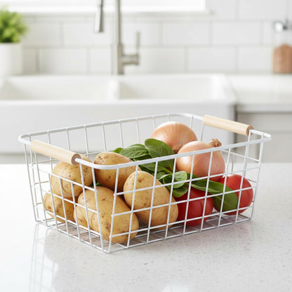 HDYOUDO White Metal Wire Food Storage Basket with Wooden Handles for Organizing Snack Basket,Pantry Organizers and Storage for Kitchen Cabinets 4 Pack (Medium)