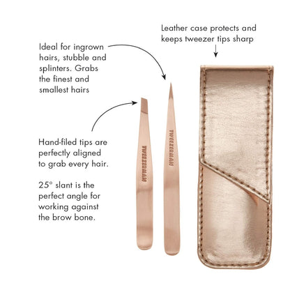Tweezerman Rose Gold Petite Point and Slant Tweezer Set with Travel Case - Eyebrows for Women and Men