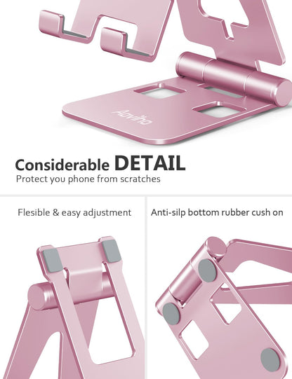 Aoviho Foldable Cell Phone Stand for Desk, Adjustable Phone Holder for Office, Video Calls and Streaming, Portable Desktop Phone Dock Compatible with iPhone 17 16 15 14, Samsung Galaxy, Pink