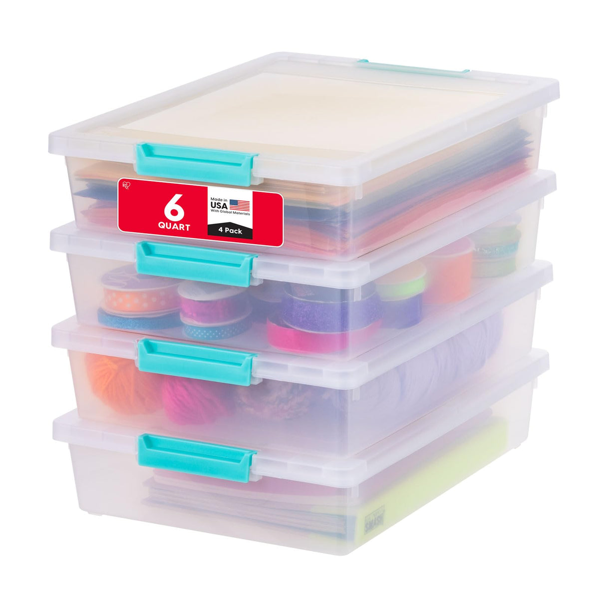 IRIS USA 6 Qt. Craft Storage Bins with Lids, 4-Pack, |Made in USA|, Clip Box, Small Plastic Sensory Bin Tote Organizer Containers for Art Supplies, Paper, & Office, Stackable - Clear/Seafoam Blue