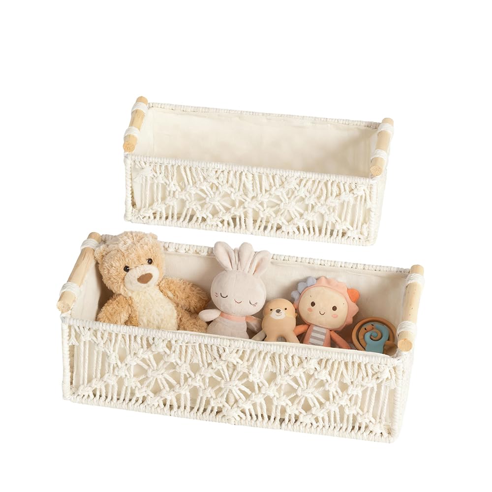 WINDAWNKE 2 Pack Macrame Storage Baskets Boho Decor Style Storage Boxes, Toilet Paper Basket with Wood Handles for Home Bedroom Decor (Rhombus)
