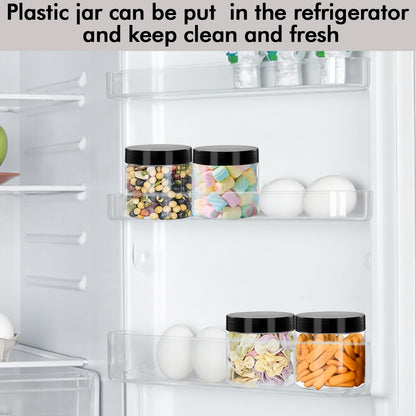 WYIPOLZI 12oz Plastic Jars with Lids, 24 Pack Clear PET Jars Containers with Black Lids, Leakproof Round Plastic Storage Jar with Pen & Labels for Dry Food Storage, Candy, Crafts