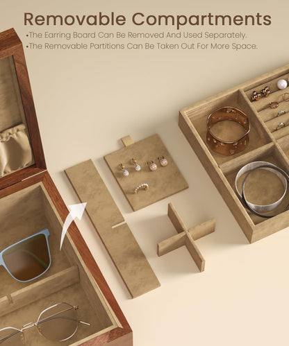 Danfoxer Acacia Wood Jewelry Box Organizers, Wooden Jewellery Organizer with Hinged Lids and Removable Jewelry Tray for Necklace Earring Rings and Bracelet
