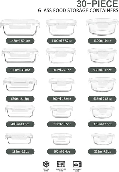 30 Pieces Glass Food Storage Containers
