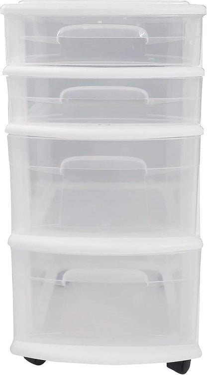 HOMZ 2-Pack Drawer Tower, 4-Tier Clear Plastic Storage Organizer Cart, White Frame - Organizing Containers with Wheels for Home, Bathroom, Bedroom, Office, and Classroom
