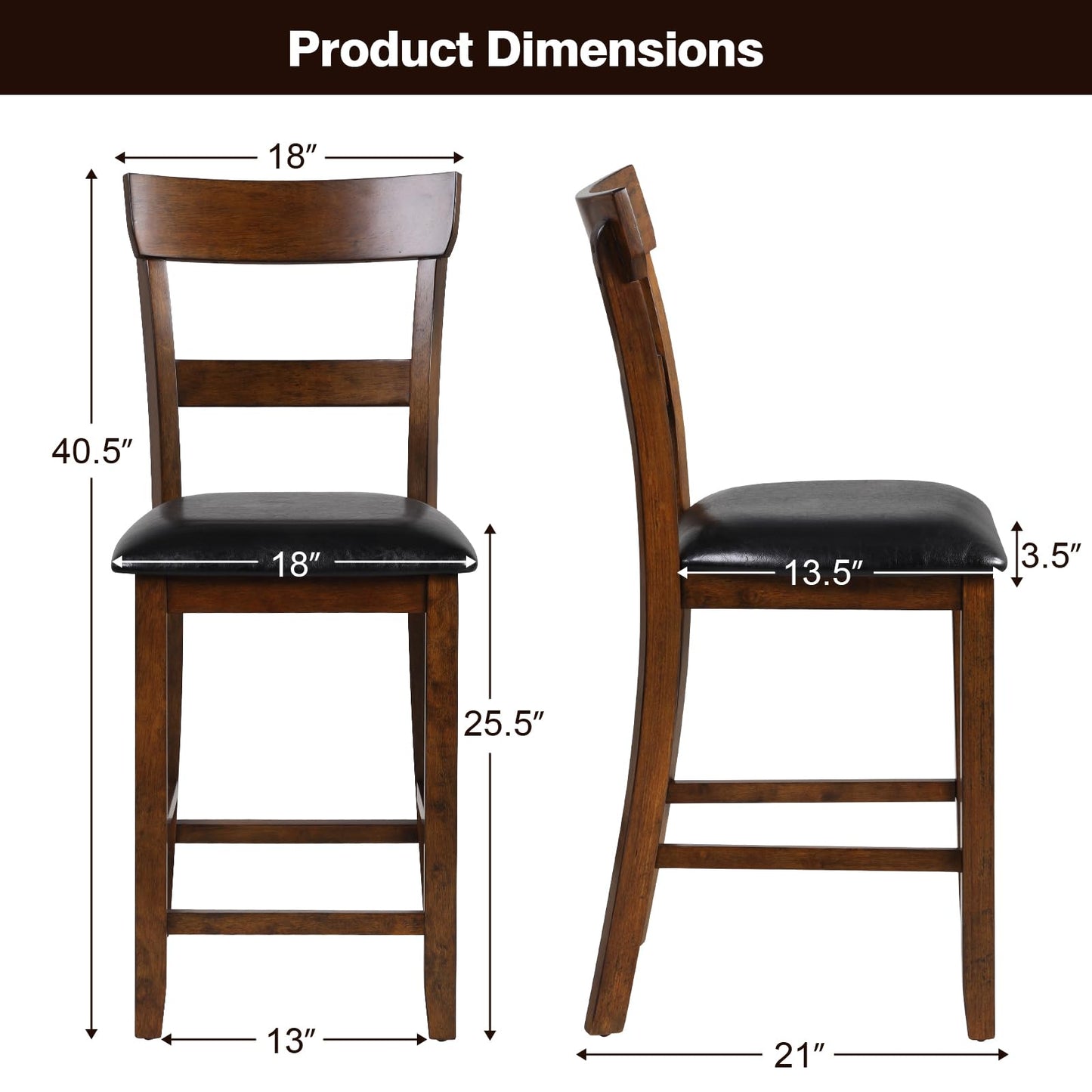 NAFORT Counter Height Bar Stools Set of 4, Farmhouse 25.5” Wood High Dining Chairs, Counter Stools with Back for Kitchen Restaurant Bar, Rubberwood Legs & Black PU Leather Cushion