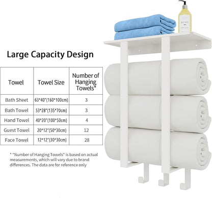 Bethom Towel Racks for Bathroom White, Storage with Shelf Wall Mounted | Stainless Steel, 3 Hooks, Towel Storage Rack with Shelf for Small Bathroom