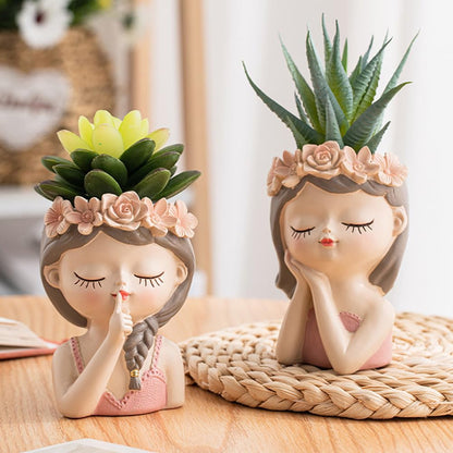 Snowy sunday Small Fairy Succulent Plant Pot kit 2 Pack with Drainage Hole Indoor Cactus Pot Cute Flower vases Decor with Girl Face Container Planter