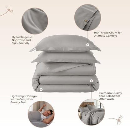 100% Organic Cotton Duvet Cover Queen Size - Naturally Soft Lightweight & Cooling Duvet Cover Set with Decorative Shams - Premium GOTS Certified 300 Thread Count Sateen Weave (Classic Grey, Queen)