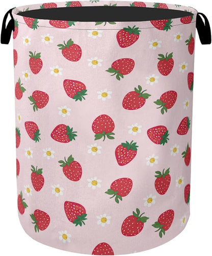 Cute Pink Strawberry Laundry Basket, Extra Large Foldable Hamper