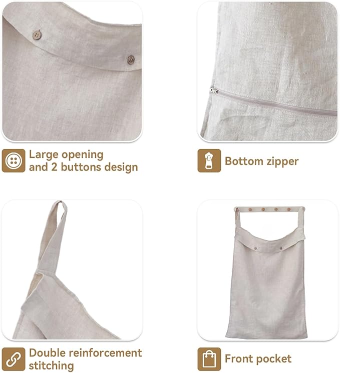 100% Linen Hanging Laundry Hamper Bag 22x36 Inch, Over the Door