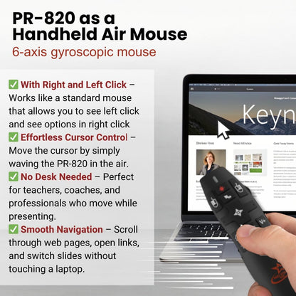PR-820 Presentation Clicker for Mac – Smartboard Remote PowerPoint Clicker with Laser Pointer & Air Mouse, Compatible with Keynote, Google Slides, MacBook & PC
