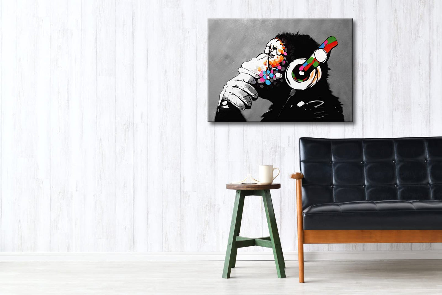 Wieco Art Black Framed Monkey With Headphones Banksy Graffiti Art Abstract Canvas Paintings Prints Animal Canvas Wall Art for Wall Decor and Home decorations Office Decor