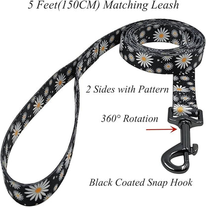 Dog Collar Leash Set, Floral Pattern, Polyester Material, Adjustable Collar and 5ft Matching Leash, for Small Dogs.(S, Black Daisy)