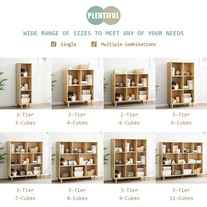 IOTXY Freestanding Open Cubes Bookcase - 2-Tier Floor Standing Wooden Storage Display Cabinet Organizer with Legs for Home Office, 4-Cubes Open Shelf Low Short Bookshelf, Oak