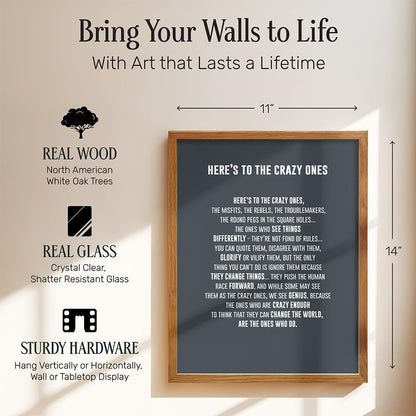 LARGE 11X14 FRAMED - Here's to the Crazy Ones- Motivational Wall Art Poster - Inspirational Quotes - Inspiring Sayings for Wall Decor - Home Office Decor- Encouragement Entrepreneur Gifts for Men