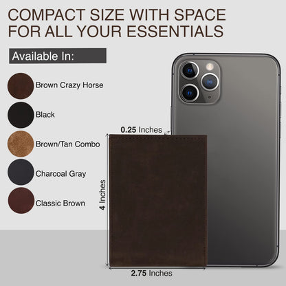 NKPT Slim Leather Credit Card Holder Wallet for Men | Full-Grain Leather, RFID Blocking, 6 Card Slots | Charcoal Gray