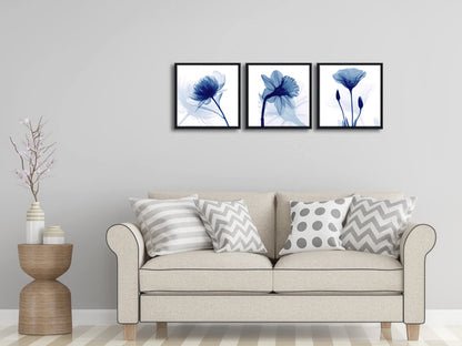 Wieco Art Framed Blue Abstract Flowers 3 Panels Canvas Prints Wall Art Modern Pictures Artwork for Living Room Bedroom Home and Office Decorations with Black Frame