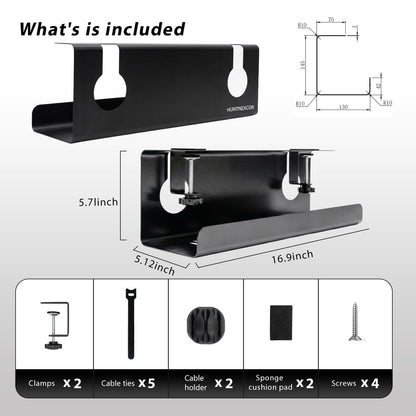 No Drill Under Desk Cable Management Tray with Clamp, Home/Office Desk Cord Organizer and Accessories Storage Shelf, 17'' Metal Cable Organizer for Standing/Gaming Desk, Office Supplies, Black 1 Set