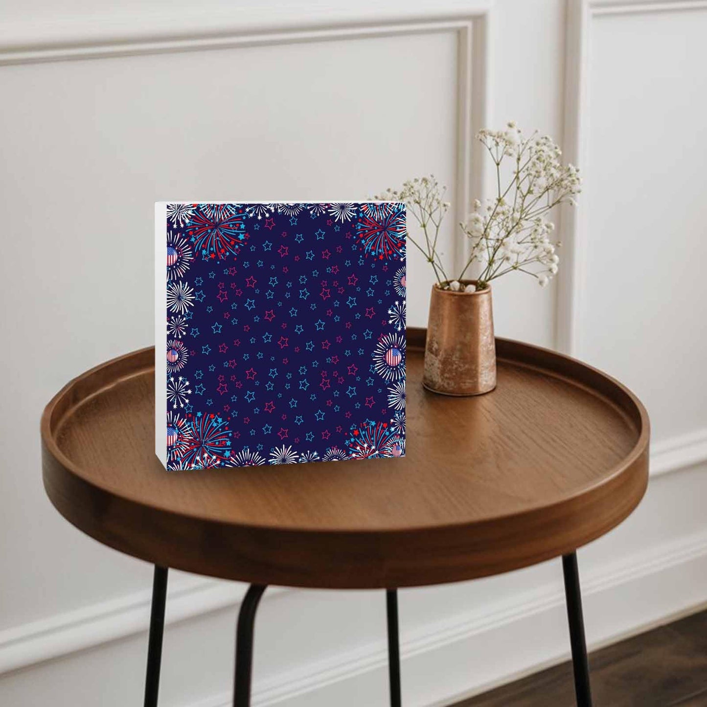 Navy Blue Red Stars Wood Box Sign Desk Decor, Independence Day Sparklers Us Flag Modern Decorative Wooden Block Box Sign Decorations for Home Office Shelf Table Decor 6x6 Inches