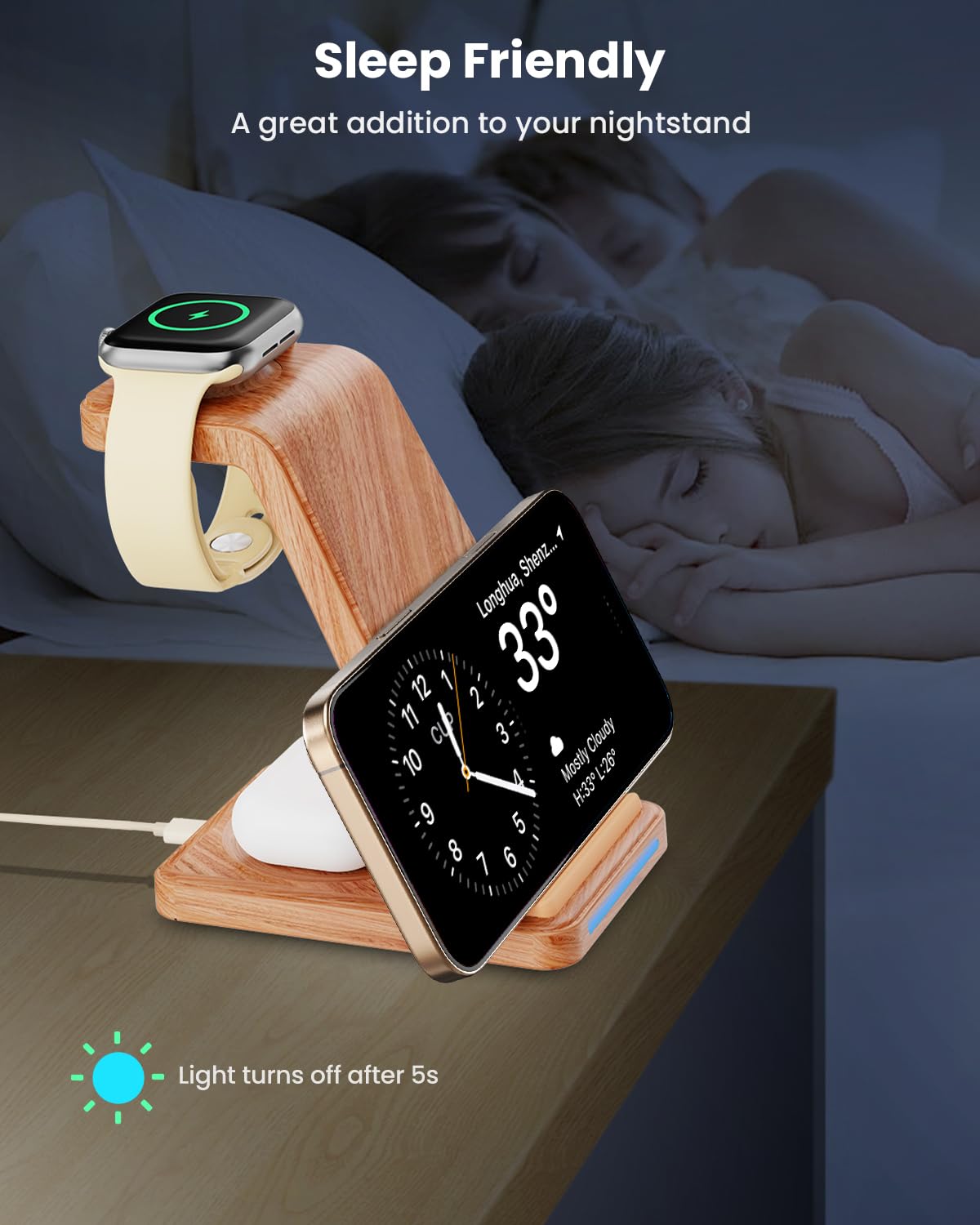 CIYOYO Wireless Charging Station, 3 in 1 Wireless Charger Stand for Multiple Apple Devices, Charging Dock for iPhone 16 15 14 13 12 11 Pro Max XS 8, Apple Watch 8 7 6 SE 5 4 3 2, 3/2/Pro, Wood