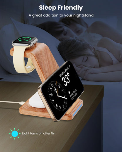 CIYOYO Wireless Charging Station, 3 in 1 Wireless Charger Stand for Multiple Apple Devices, Charging Dock for iPhone 16 15 14 13 12 11 Pro Max XS 8, Apple Watch 8 7 6 SE 5 4 3 2, 3/2/Pro, Wood