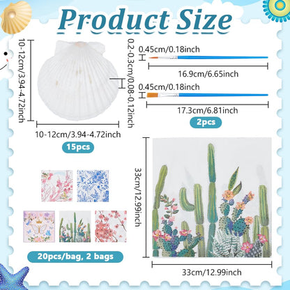 NBEADS Scallop Shells for Crafts, 15 Pcs Natural Shells 40 Pcs 8 Styles Decoupage Paper Napkins 4 Pcs Plastic Paint Strips and Brushes Decorative Paper for DIY Crafting Birthday Party