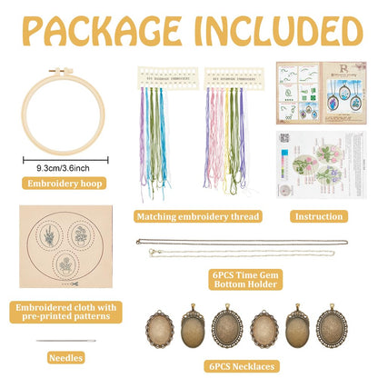 FREEBLOSS 6 Set Embroidery Necklace Kit Embroidery Kit for Beginners Embroidery Pendant Flowers Brooch Mini Embroidery Kit with Instruction Embroidery Starter Kit for Adults Stamped Pattern Cloth