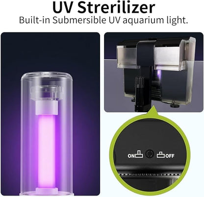 8W Aquarium Filter Hang on U-V Fish Tank Filters Quiet 4 in 1 Double Waterfall Fiter for up to 45 Gallon Tanks, 215 GPH Adjustable Flow