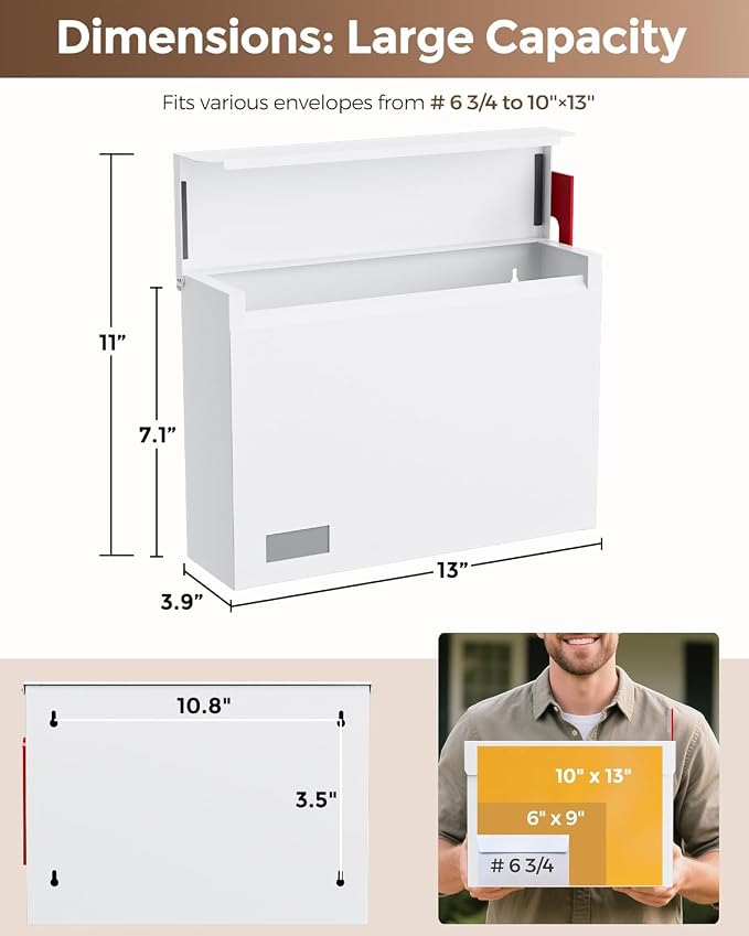 Modern Mailboxes for Outside, Metal Wall Mount Mailbox, with One Flag Kit and Three Sets of Mailbox Number Stickers, 3.9" D×14.2" W×10.2" H, Rust Resistant Coating Mail Boxes for House, White