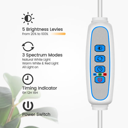 Garpsen Grow Light, Full Spectrum LED Plant Lights with Stand, 3 Color Modes Floor Grow Lamp with Timer 6/12/16H, 5 Dimmable Levels, 67'' Adjustable Height for Indoor Large Plants(White)