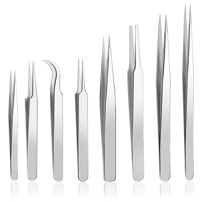 Precision Tweezers Set, 8PCS Stainless Steel Tweezers, soldering tweezers,for Craft, beauty care、Electronics, Soldering, Experimental Work, Jewelry-Making