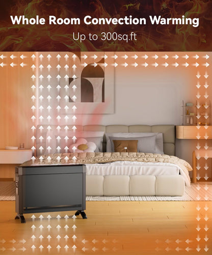 BREEZEHEAT Convection Panel Heater 1500W, Energy Efficient Electric Space Heater for Indoor Use w/Remote Control, Silent Operation, Slim Design for Large Room, Home Office (Black)