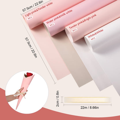 Gersoniel 36 Sheets Double Sided Waterproof Bouquet Wrapping Paper with 2 Rolls Satin Ribbon for Wedding Mother's Day 2026 Graduation Birthday DIY Flower Packing(Pink Series)
