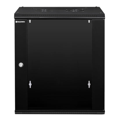 RackPath 12U Wall Mount Network Rack Cabinet – Quiet Cooling Fan, Locking Glass Door, 17.7" Deep (450mm), Removable Locking Side Panels, Fits 19" IT & A/V Equipment