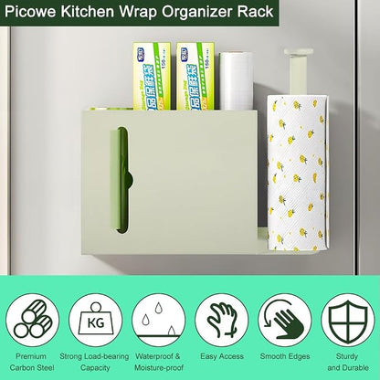 Picowe Wall Mount Kitchen Wrap Organizer Rack, Metal Aluminum Foil Organizer, Cabinet Storage Holder for Kitchen, Aluminum Foil, Cling Film, Paper Towel (White)