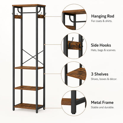 Cerlyunzan Coat Rack with Hanging Rod, Garment Rack with 3 Wooden Shelves and 4 Hooks, Freestanding Hall Tree, Industrial Clothes Rack Stand Organizer, Rustic Brown and Black