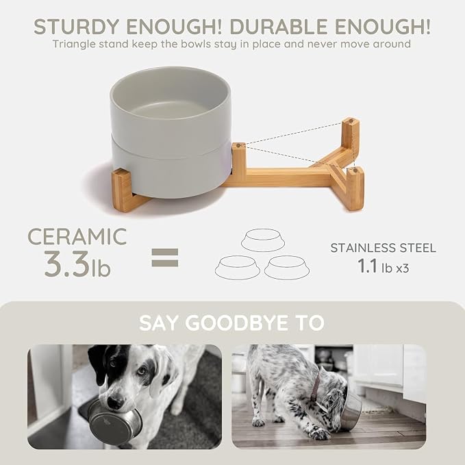 Elevated Ceramic Pet Bowls – Double Raised Food and Water Bowls for Dogs and Cats with Bamboo Stand, Gray Modern Non-Slip Dishwasher Safe Feeder Station