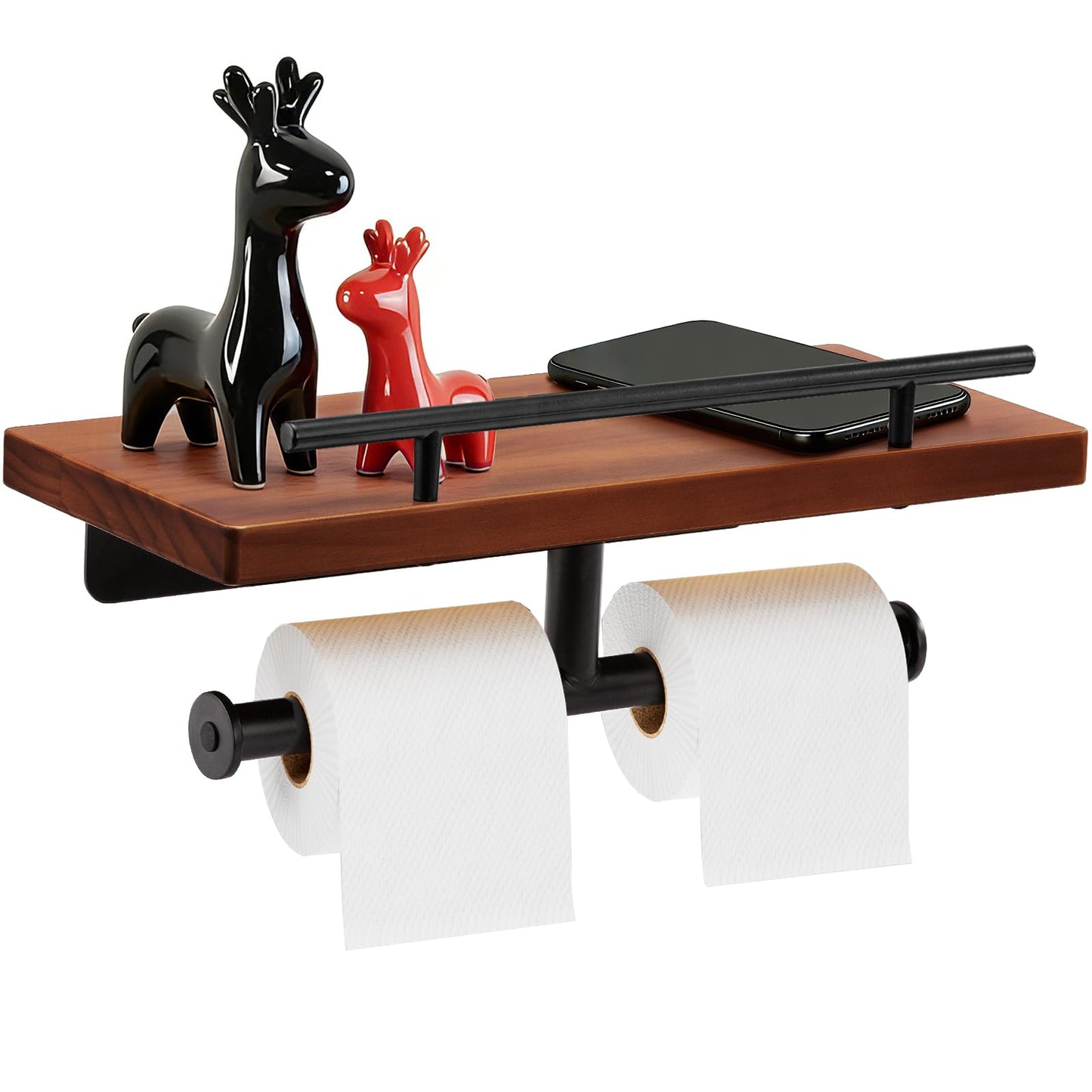 Toilet Paper Holder with Wood Shelf, Wall Mount Toilet Paper Roll Holder with Wooden Shelf and Matte Black Stainless Steel Pipe, Tissue Roll Holder for Bathroom Washroom (Dark Brown, 13.8'' x 5.9'')