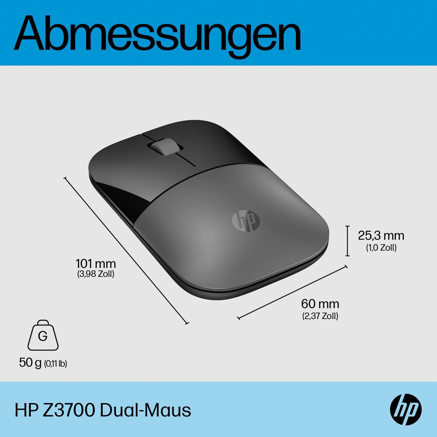 HP Wireless Mouse Z3700 (26V63AA#ABL, Black), Dimensions (mm) : 101 x 60 x 25.3