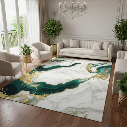 Marble Swirl Modern Abstract Emerald Green Grey Gold Area Rug for Living Room Bedroom Ultra Soft Wool Carpet Under Dining Table Lux Aesthetic Home Office Carpets 5x7