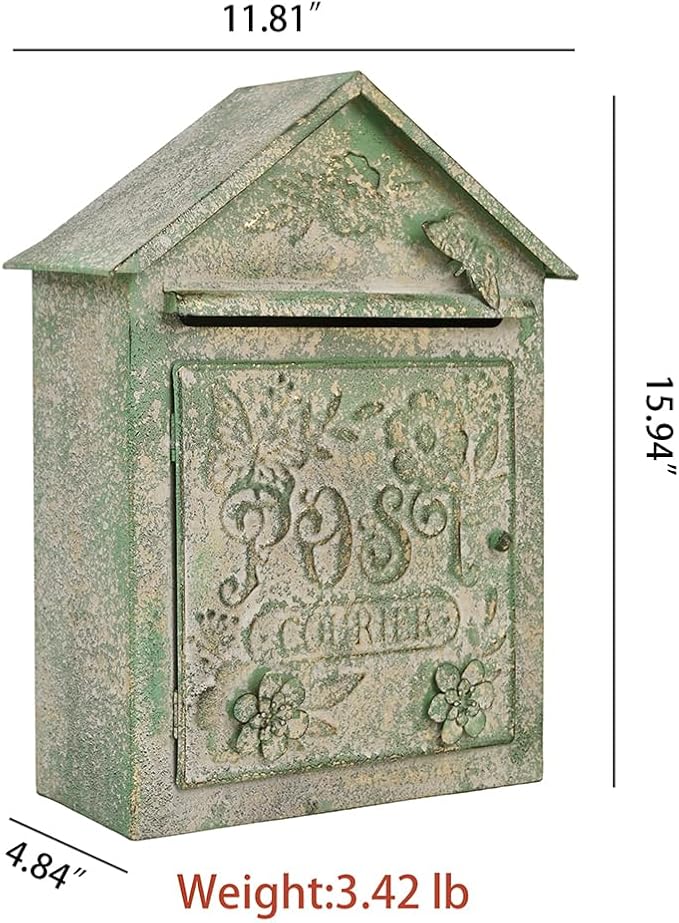 Vintage White Wall Mount Mailbox for Outside, Metal Post Box Decorative Antique Style Mail Drop Box for House Decor(Light Green)