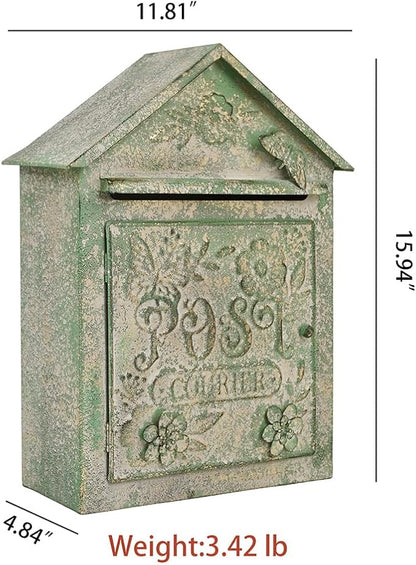 Vintage White Wall Mount Mailbox for Outside, Metal Post Box Decorative Antique Style Mail Drop Box for House Decor(Light Green)