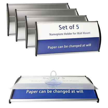 Set of 5 Curved Name Plate Holder 8" x 4" Wall Mount Office Business Door Sign Holder Aluminum Sturdy Office Sign Frame with Adhesive Tape Film for Business Cubicle Custom Display - Silver