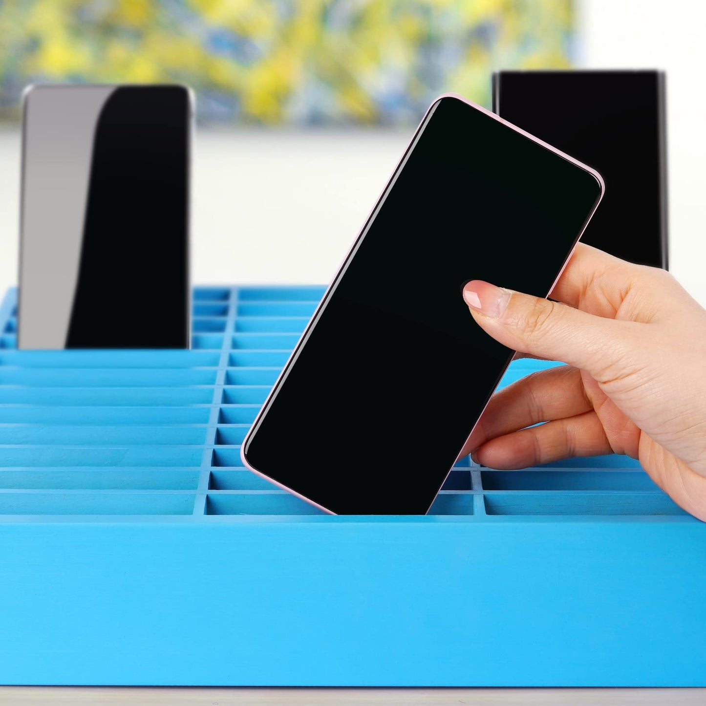Ozzptuu 36-Grid Wooden Cell Phone Holder Desktop Organizer Storage Box for Classroom Office (Blue 36-Grid)