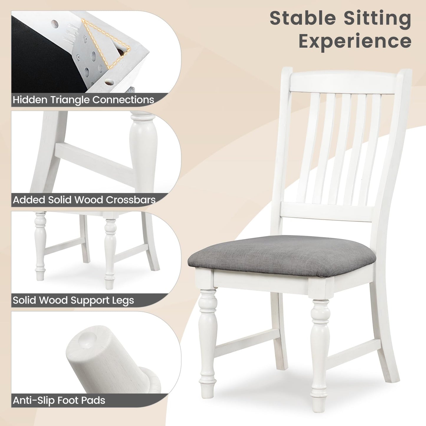 Giantex Wood Dining Chairs Set of 2, Farmhouse Kitchen Chairs with Solid Wood Frame, Max Load 355 Lbs, Armless Upholstered Dining Side Chairs with Cushion Seat, Slat Back Dining Room Chair, White