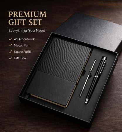 Business Office A5 Soft Leather Notebook Gift Set with Pen, Black, Professional Stationery Set with Premium Pens