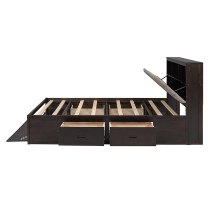 GDFStudio Boden Queen Size Upholstered Headboard, Queen Size Platform Bed with Storage Headboard, Wooden Bed Frame with Shoe Rack and Organizer Drawer, Ample Storage Shelves and 4 Drawers, Espresso